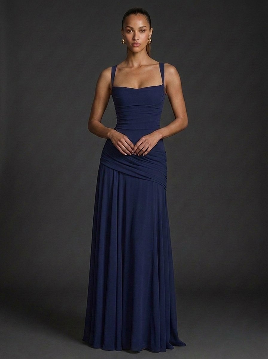 Elegant women's maxi dress featuring a square neckline and ruched bodice, perfect for weddings and special occasions. 4