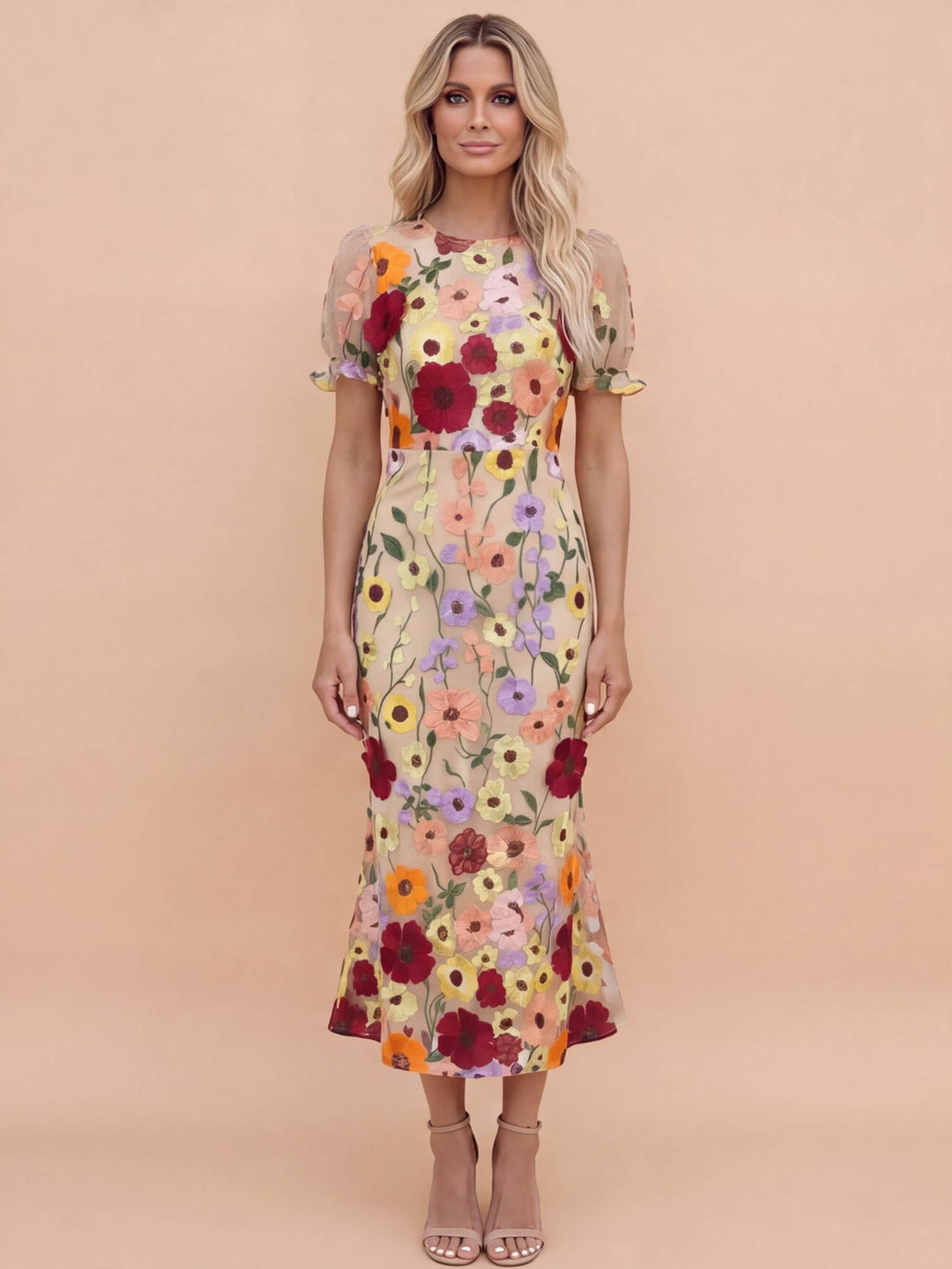 Women's plus size midi dress featuring intricate 3D floral applique design, flared skirt, and a stylish beige and pink color scheme. 0