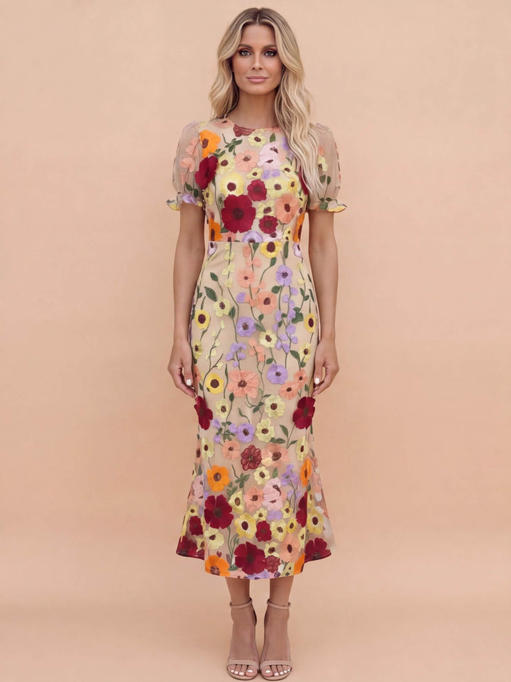 Women's plus size midi dress featuring intricate 3D floral applique design, flared skirt, and a stylish beige and pink color scheme. 0