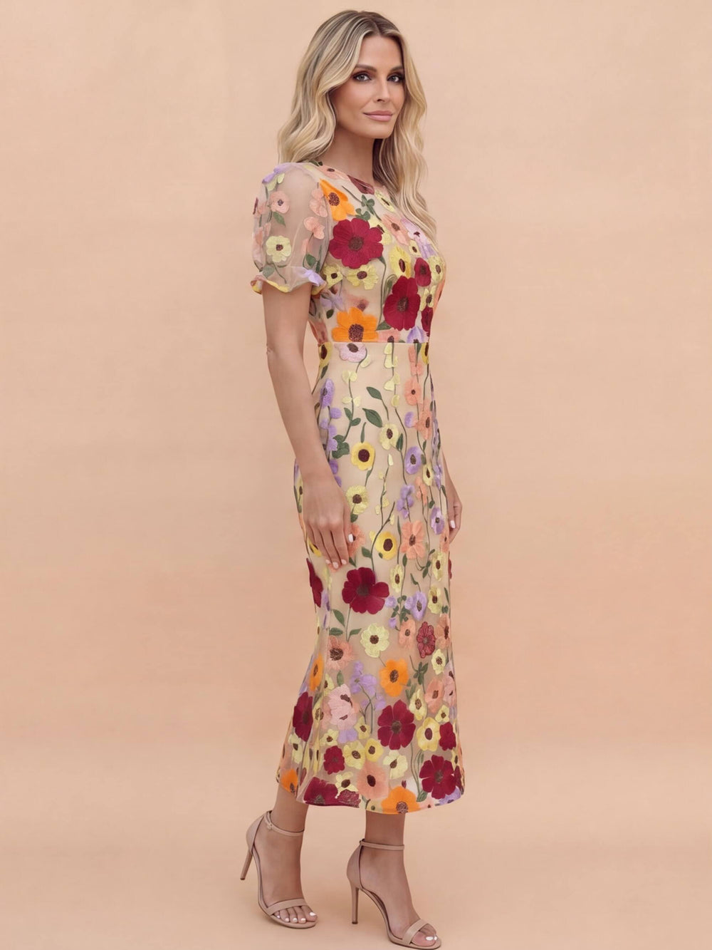 Women's plus size midi dress featuring intricate 3D floral applique design, flared skirt, and a stylish beige and pink color scheme. 1