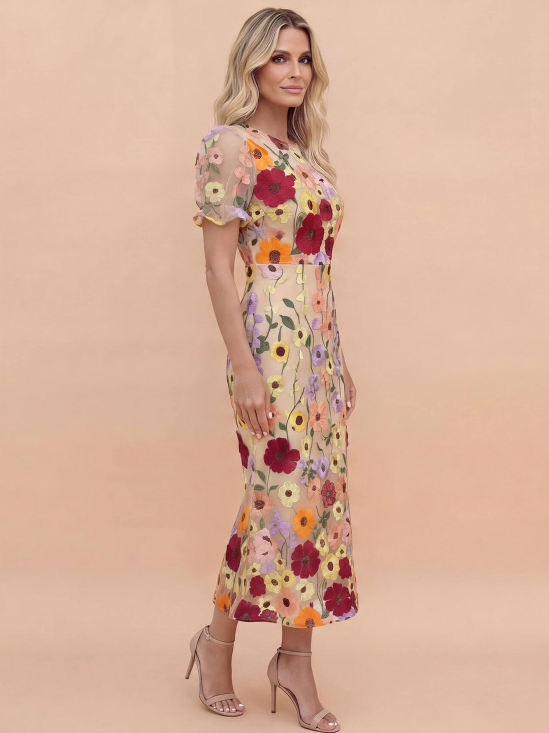 Women's plus size midi dress featuring intricate 3D floral applique design, flared skirt, and a stylish beige and pink color scheme. 1