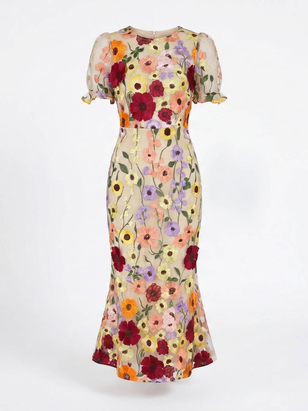 Women's plus size midi dress featuring intricate 3D floral applique design, flared skirt, and a stylish beige and pink color scheme. 3