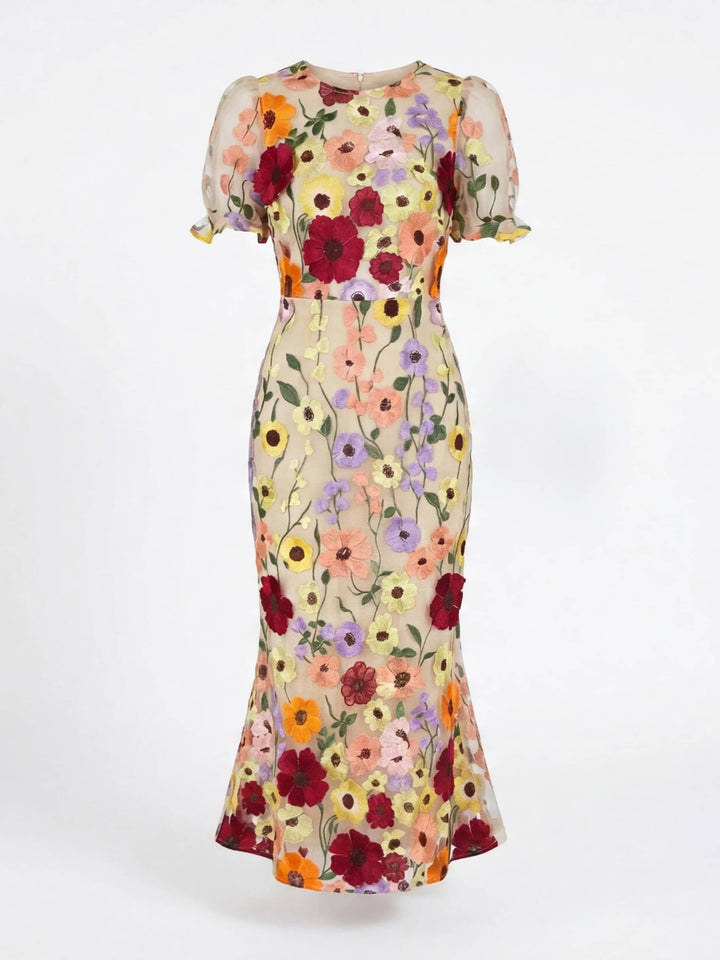 Women's plus size midi dress featuring intricate 3D floral applique design, flared skirt, and a stylish beige and pink color scheme. 3