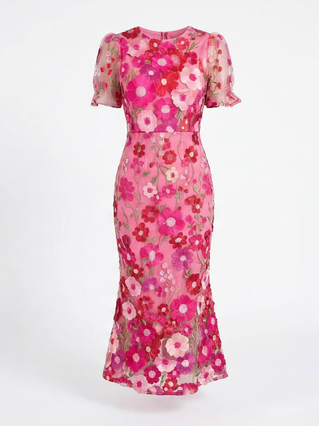 Women's plus size midi dress featuring intricate 3D floral applique design, flared skirt, and a stylish beige and pink color scheme. 4