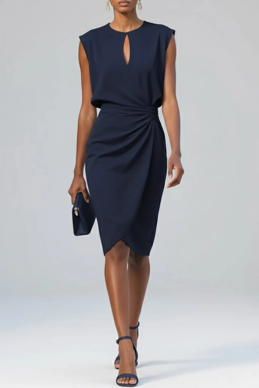 Women's plus size midi dress featuring a keyhole neckline and stylish ruffles, perfect for an elegant fall look. 1