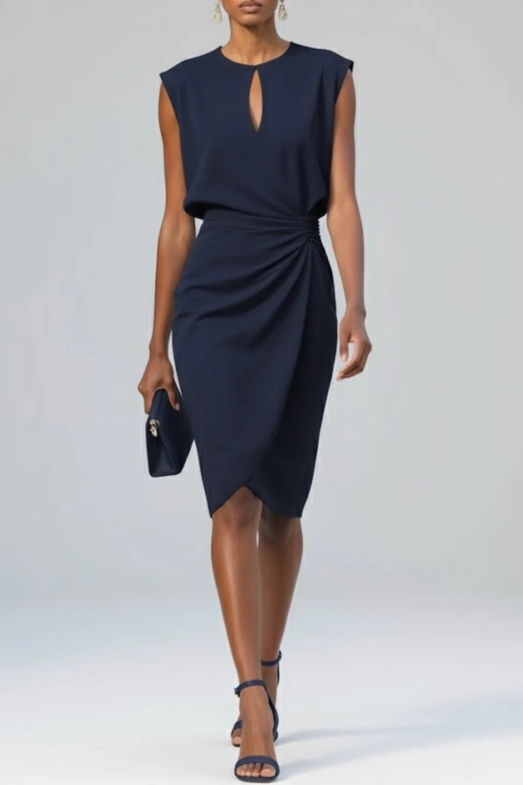 Women's plus size midi dress featuring a keyhole neckline and stylish ruffles, perfect for an elegant fall look. 1