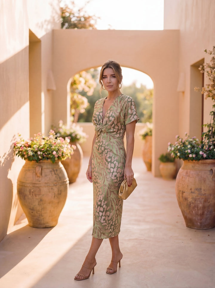 Women's lightweight copper midi dress featuring a flattering waist tie, perfect for casual or formal occasions in summer. 2