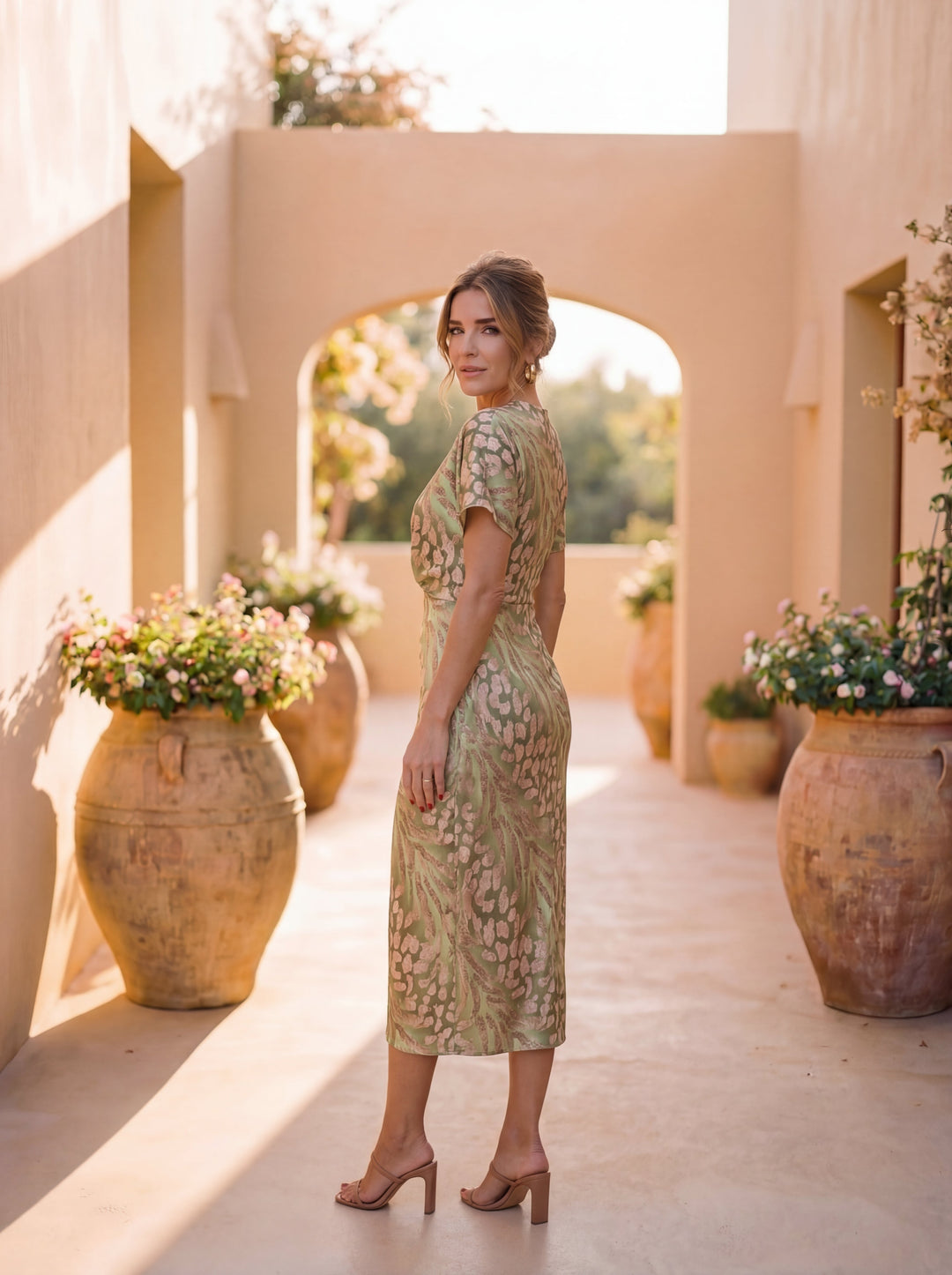 Women's lightweight copper midi dress featuring a flattering waist tie, perfect for casual or formal occasions in summer. 3
