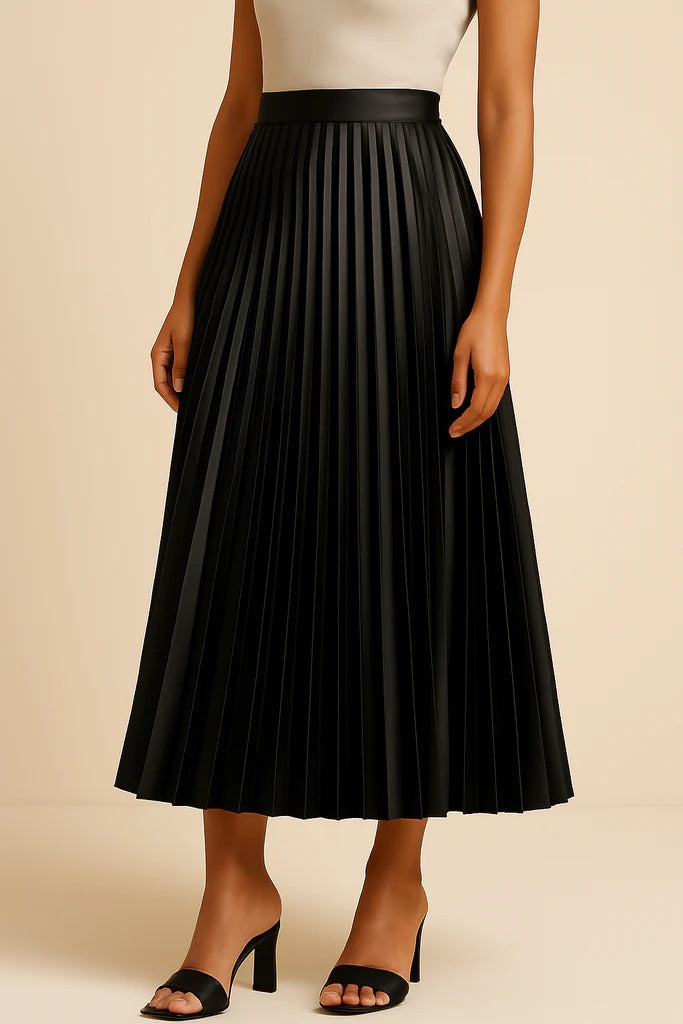 Women's black satin midi skirt featuring accordion pleats and a high waist A-line design, perfect for elegant and versatile styling. 0