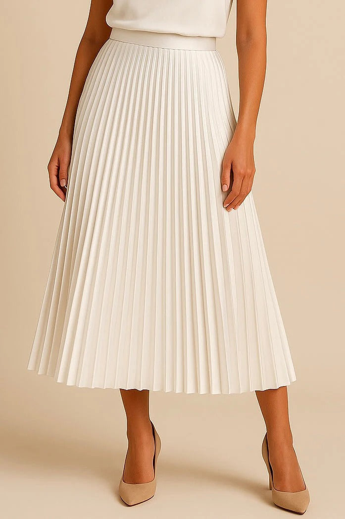 Women's black satin midi skirt featuring accordion pleats and a high waist A-line design, perfect for elegant and versatile styling. 1