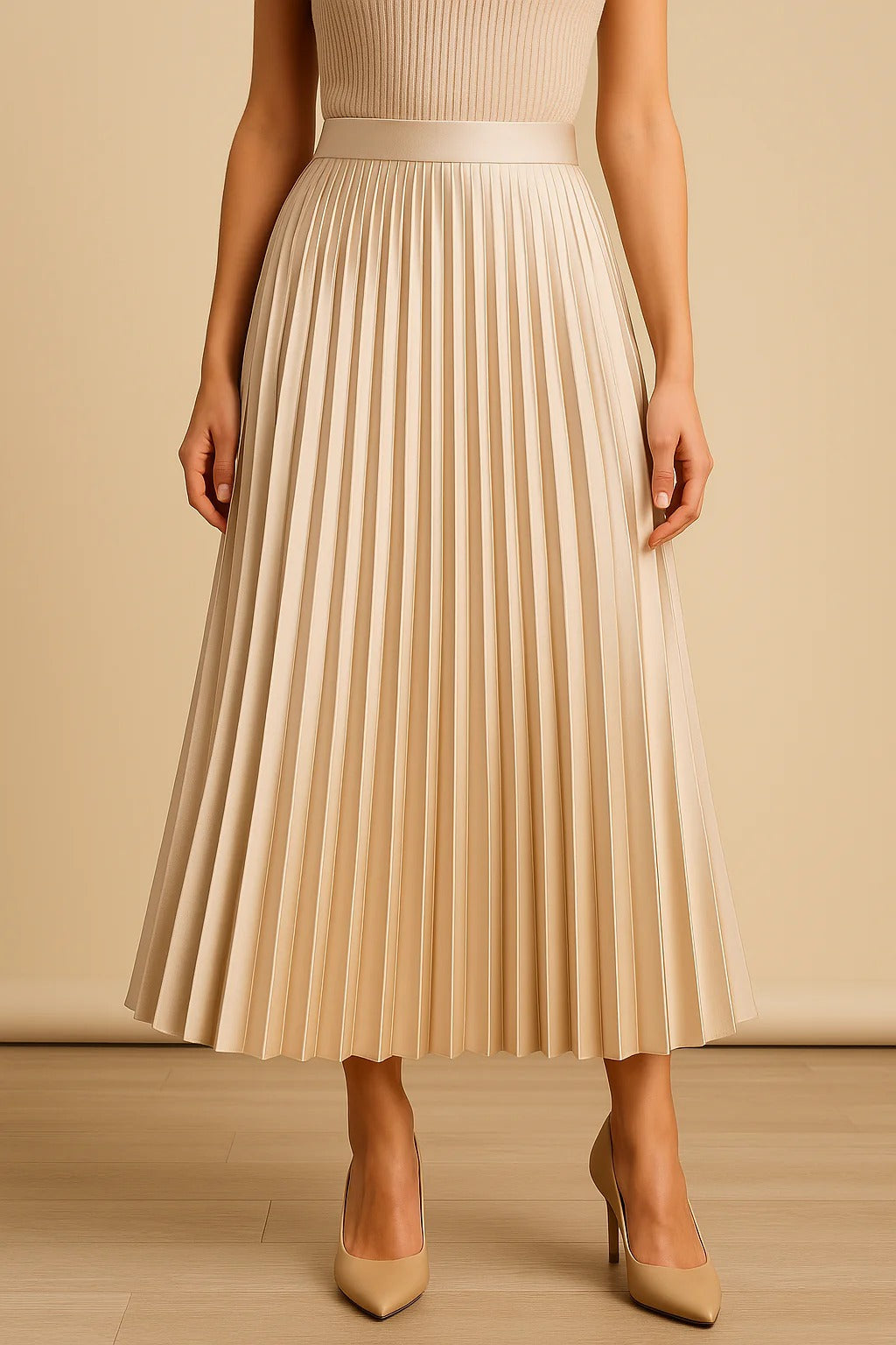 Women's black satin midi skirt featuring accordion pleats and a high waist A-line design, perfect for elegant and versatile styling. 3