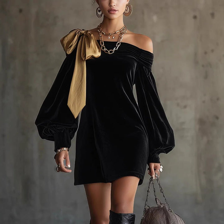 Women's off-shoulder mini dress featuring balloon sleeves and a stylish bow detail, perfect for elegant cocktail events and evening gatherings. 0