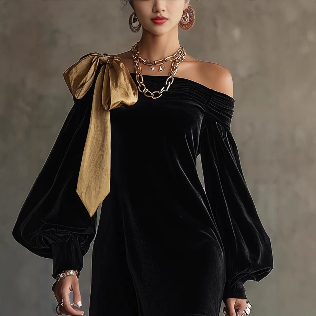 Women's off-shoulder mini dress featuring balloon sleeves and a stylish bow detail, perfect for elegant cocktail events and evening gatherings. 1