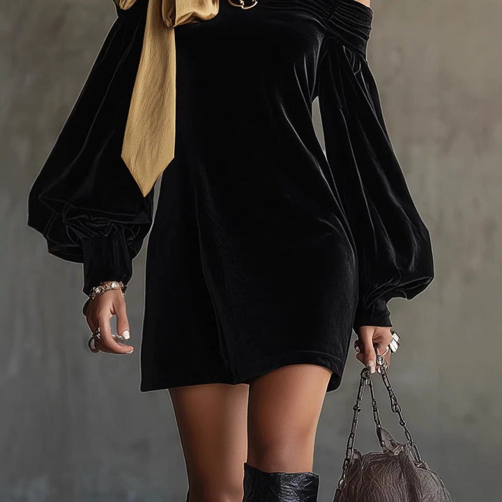 Women's off-shoulder mini dress featuring balloon sleeves and a stylish bow detail, perfect for elegant cocktail events and evening gatherings. 2