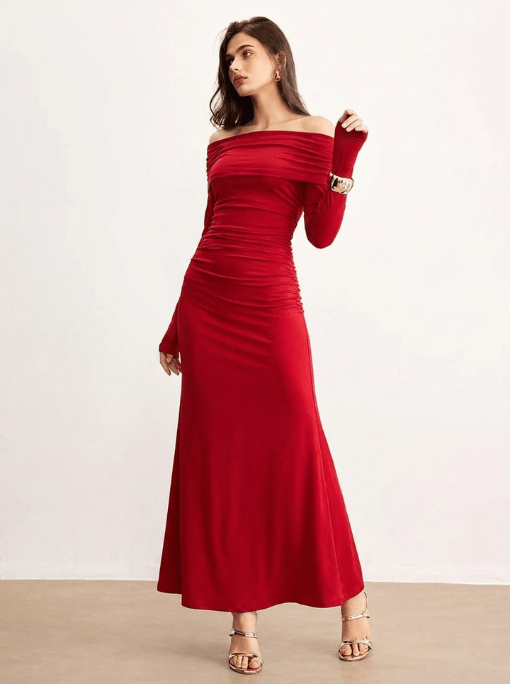 Elegant women's off-shoulder maxi dress featuring stylish ruching, perfect for cocktail parties and special occasions, designed to enhance your silhouette and provide a sophisticated 0
