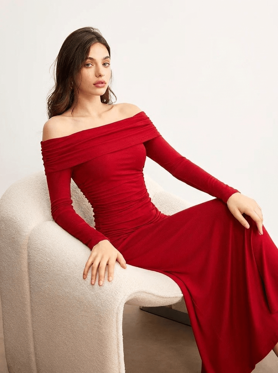 Elegant women's off-shoulder maxi dress featuring stylish ruching, perfect for cocktail parties and special occasions, designed to enhance your silhouette and provide a sophisticated 1