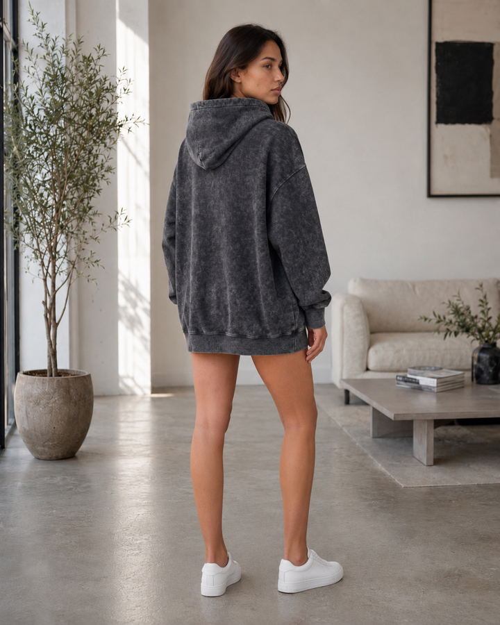 Women's Oversized Hoodie with Kangaroo Pocket – Casual Longline Sweatshirt in Washed Black 1