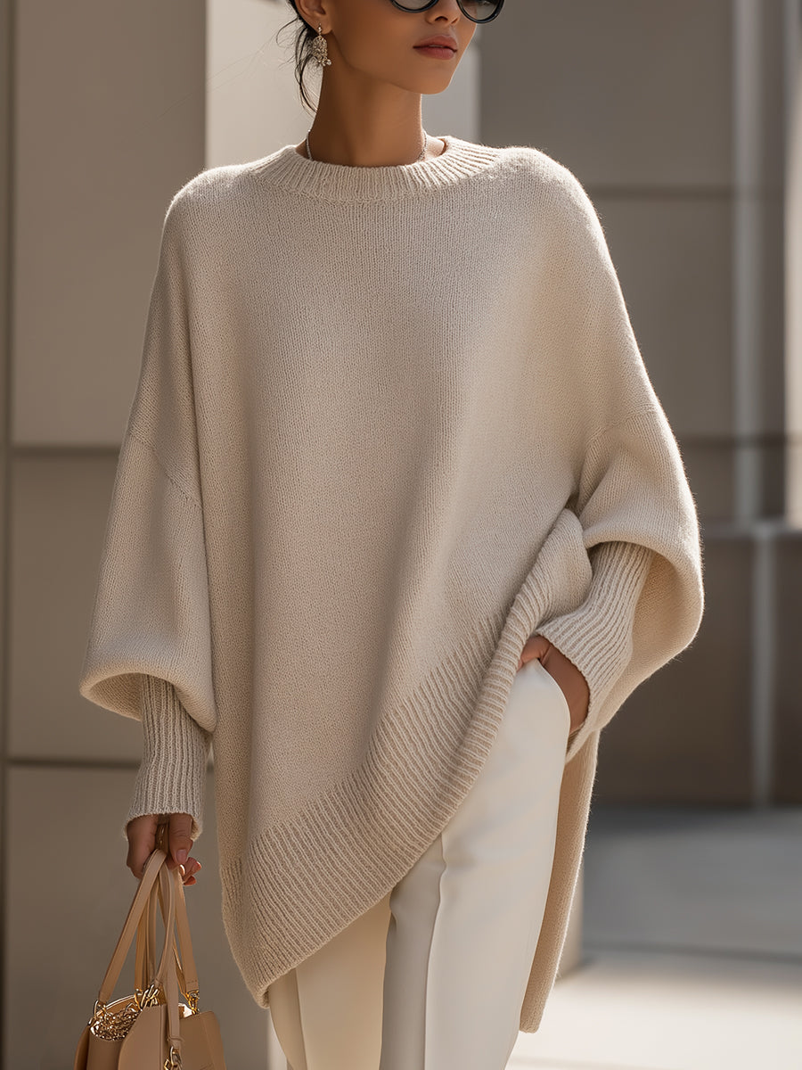 Women's Oversized Sweater with Asymmetrical Hem - Cozy Wool Blend in Beige 0