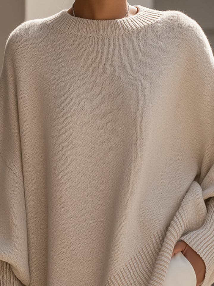 Women's Oversized Sweater with Asymmetrical Hem - Cozy Wool Blend in Beige 1