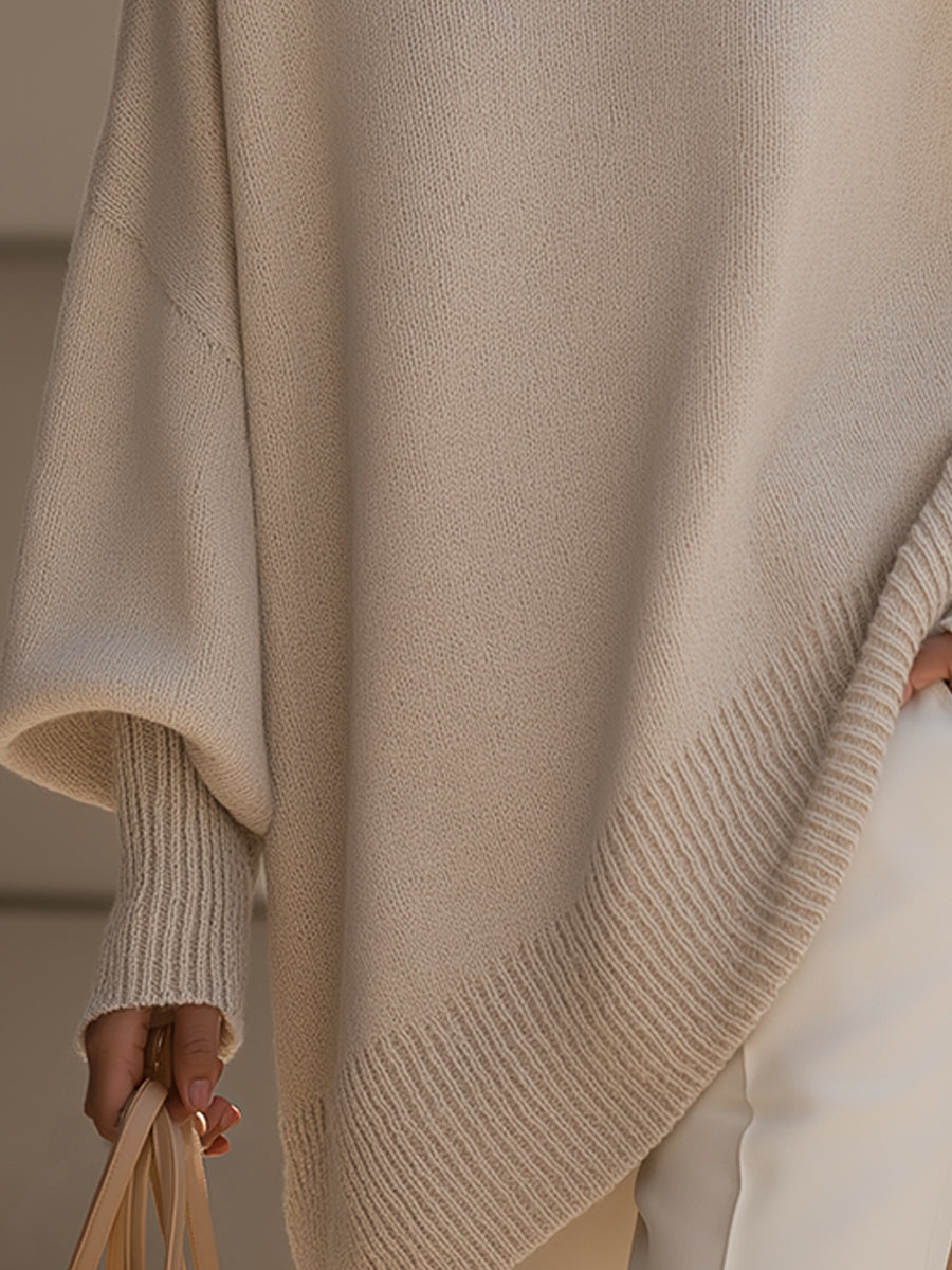 Women's Oversized Sweater with Asymmetrical Hem - Cozy Wool Blend in Beige 2