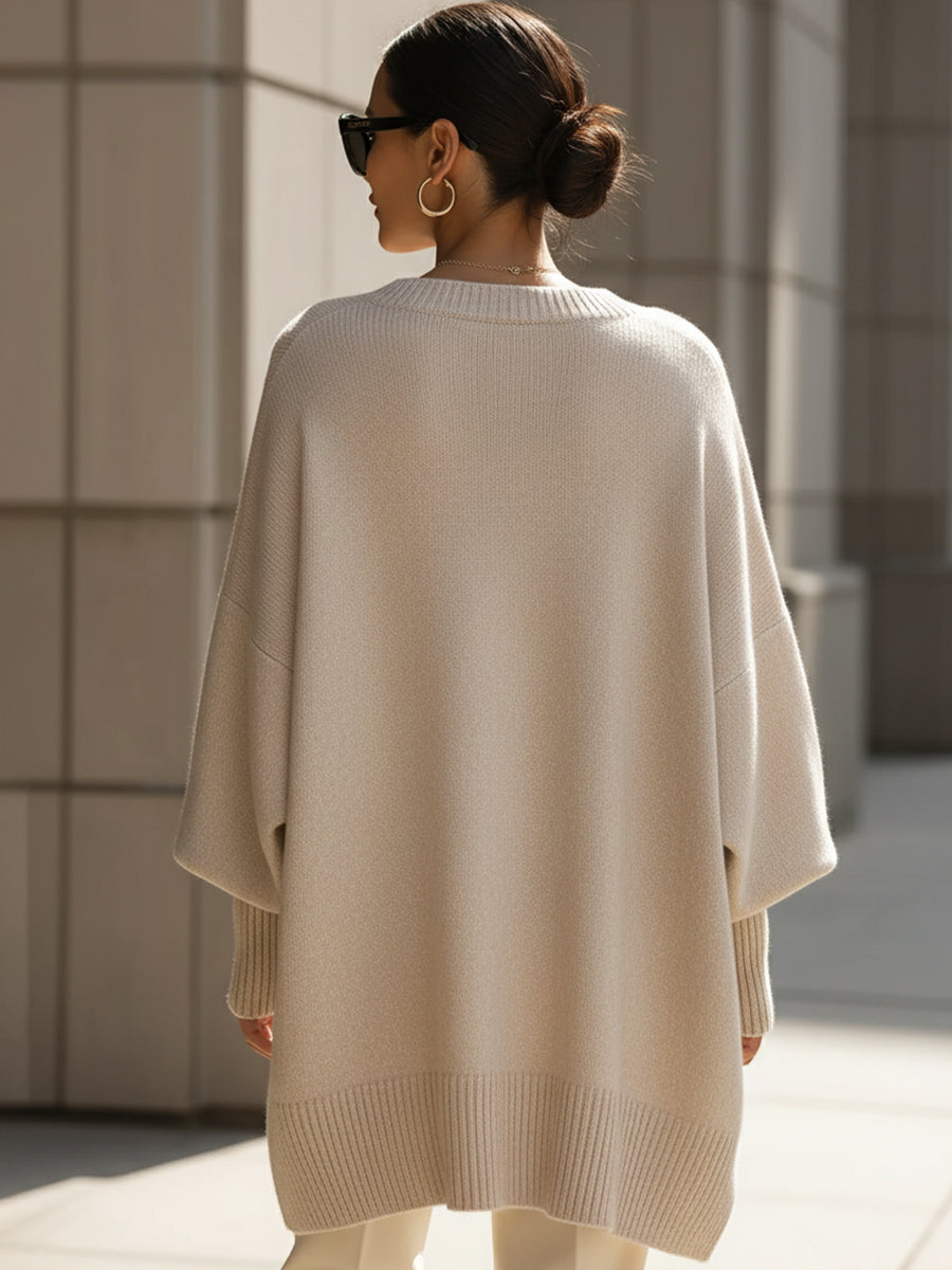 Women's Oversized Sweater with Asymmetrical Hem - Cozy Wool Blend in Beige 3