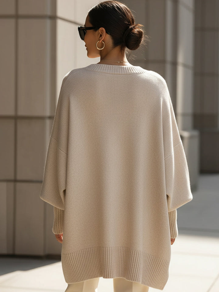 Women's Oversized Sweater with Asymmetrical Hem - Cozy Wool Blend in Beige 3