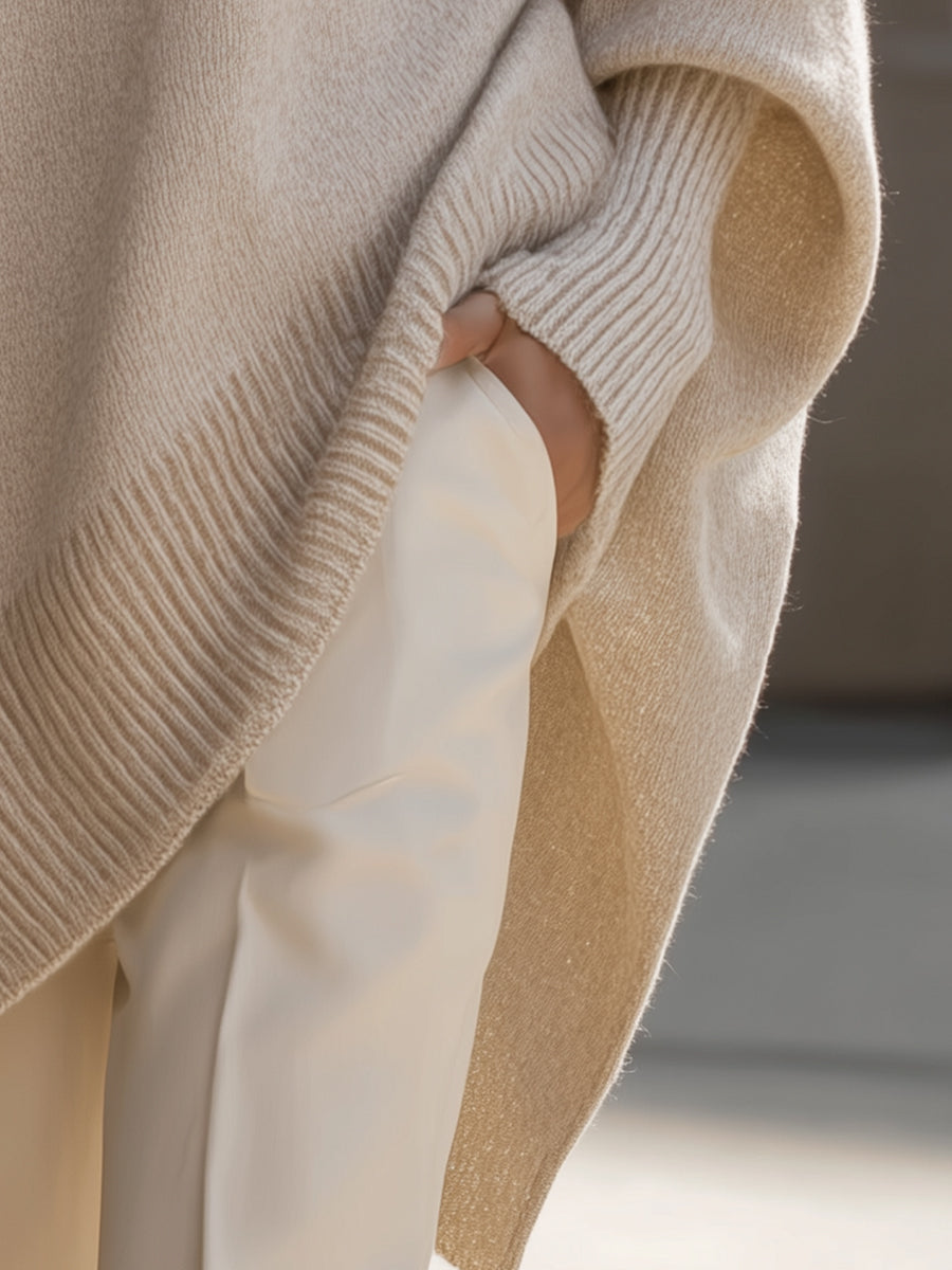 Women's Oversized Sweater with Asymmetrical Hem - Cozy Wool Blend in Beige 4