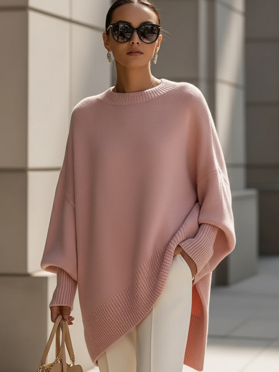 Women's Oversized Sweater with Asymmetrical Hem - Cozy Wool Blend in Beige 5