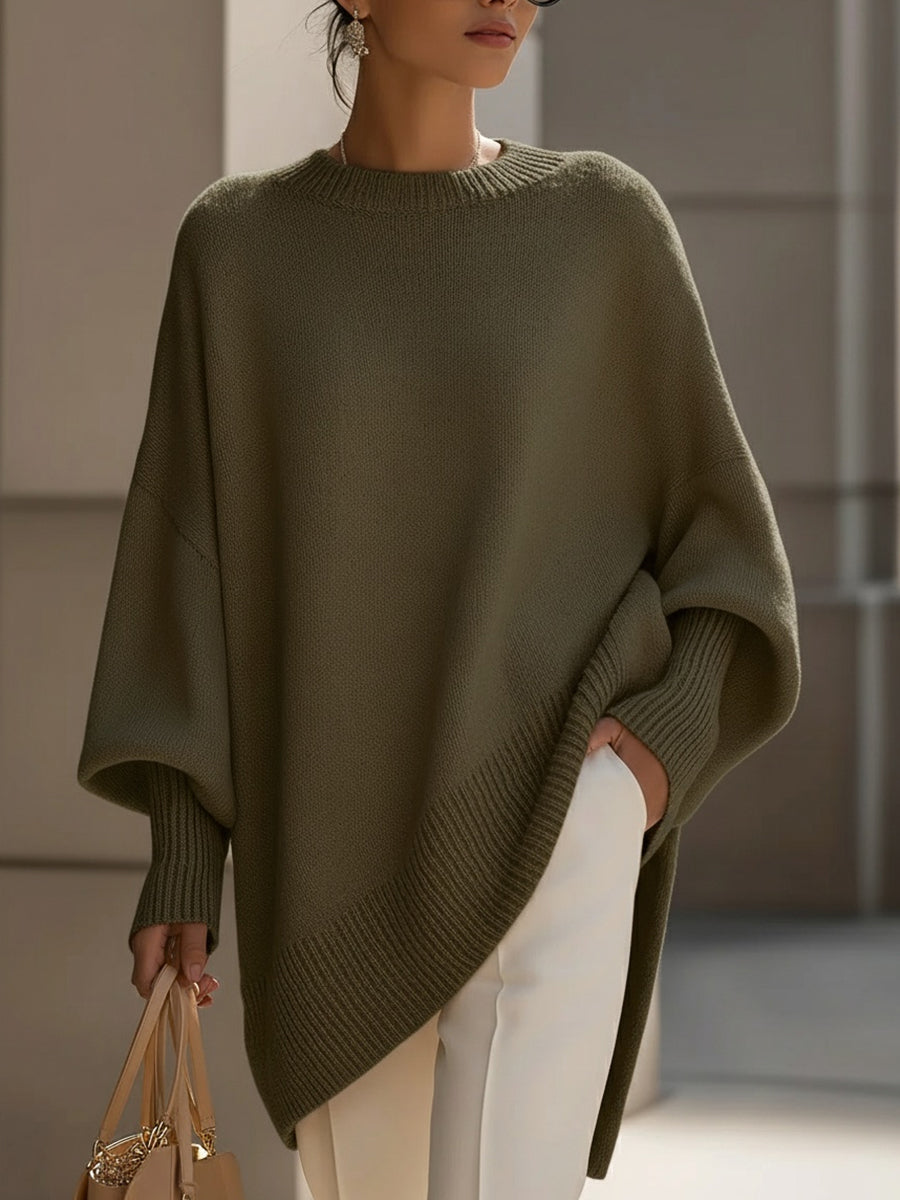 Women's Oversized Sweater with Asymmetrical Hem - Cozy Wool Blend in Beige 9