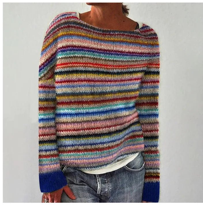 Women's Oversized Sweater with Wide Boat Neckline – Cozy Retro Striped Knit Pullover 0