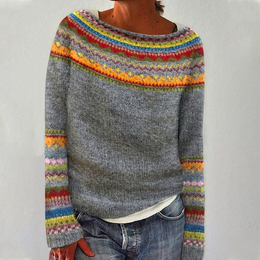 Women's Oversized Sweater with Wide Boat Neckline – Cozy Retro Striped Knit Pullover 1