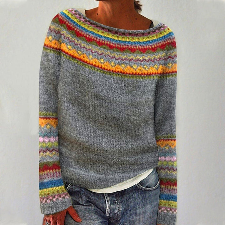 Women's Oversized Sweater with Wide Boat Neckline – Cozy Retro Striped Knit Pullover 1