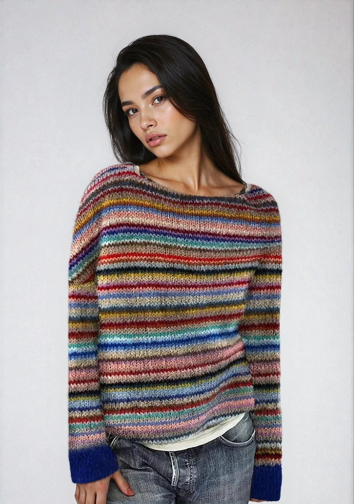 Women's Oversized Sweater with Wide Boat Neckline – Cozy Retro Striped Knit Pullover 2