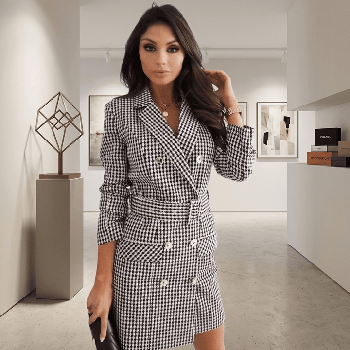 Women's plaid blazer dress featuring a belted waist, double-breasted design, notched lapel, and gold buttons, perfect for stylish office wear 2