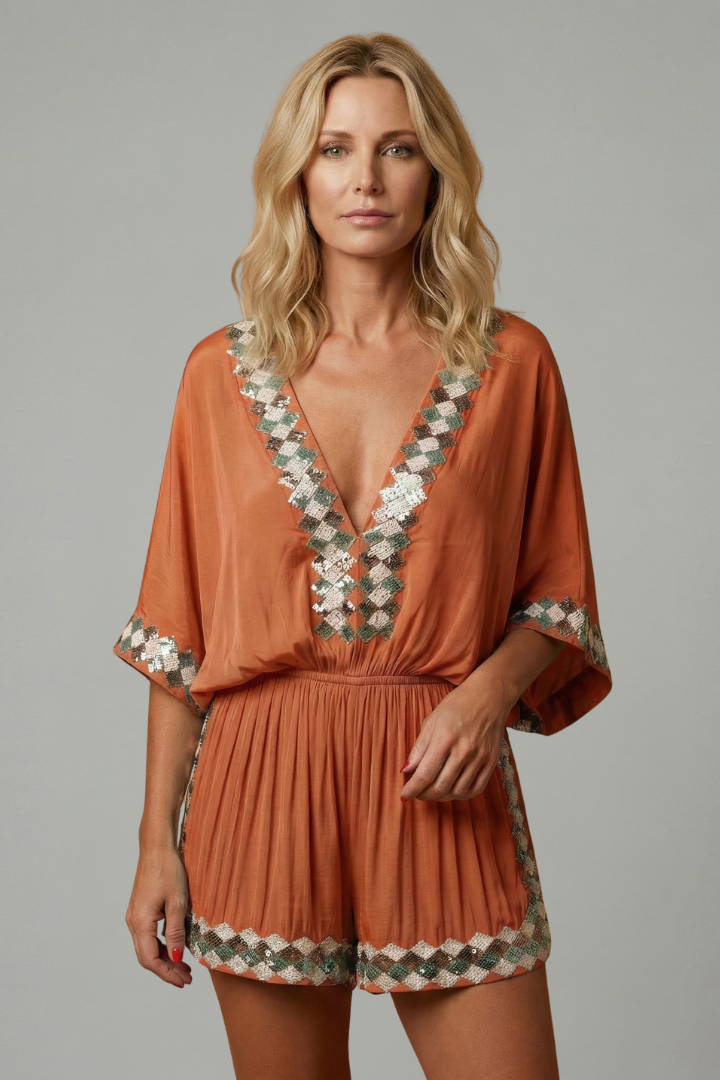 Women's sky blue playsuit featuring a smocked waist and V-neck design, lightweight fabric with elegant embroidery, perfect for summer outings. 5