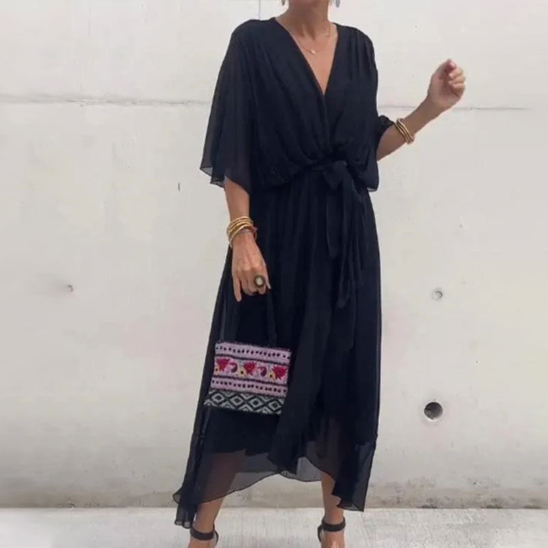 Women's plus size V-neck midi dress featuring a stylish waist belt, designed in lightweight polyester for an elegant formal look. 0