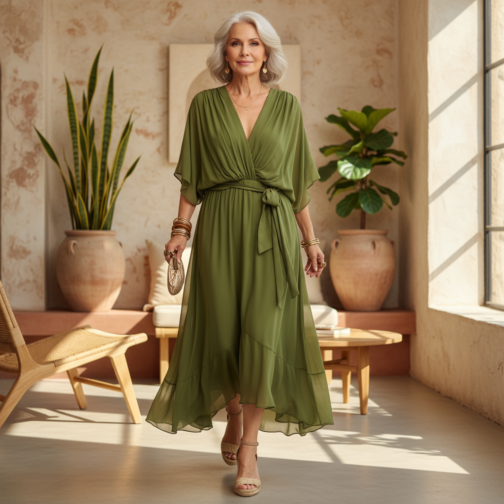 Women's plus size V-neck midi dress featuring a stylish waist belt, designed in lightweight polyester for an elegant formal look. 1