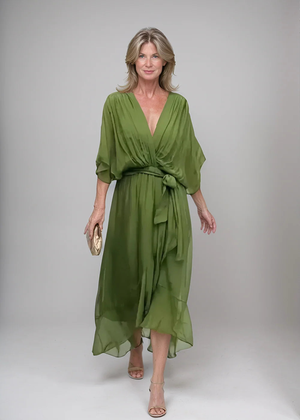 Women's plus size V-neck midi dress featuring a stylish waist belt, designed in lightweight polyester for an elegant formal look. 2
