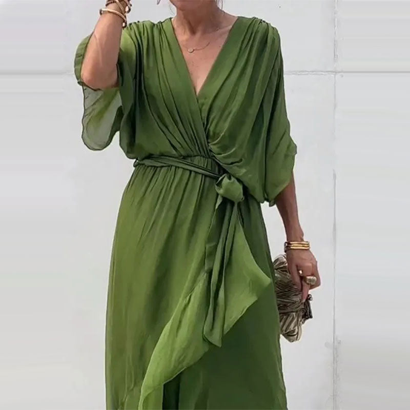 Women's plus size V-neck midi dress featuring a stylish waist belt, designed in lightweight polyester for an elegant formal look. 5