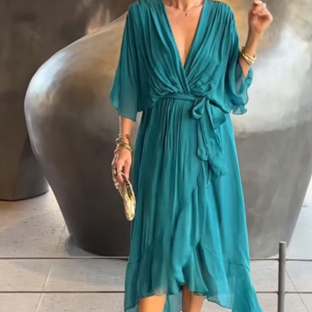 Women's plus size V-neck midi dress featuring a stylish waist belt, designed in lightweight polyester for an elegant formal look. 6