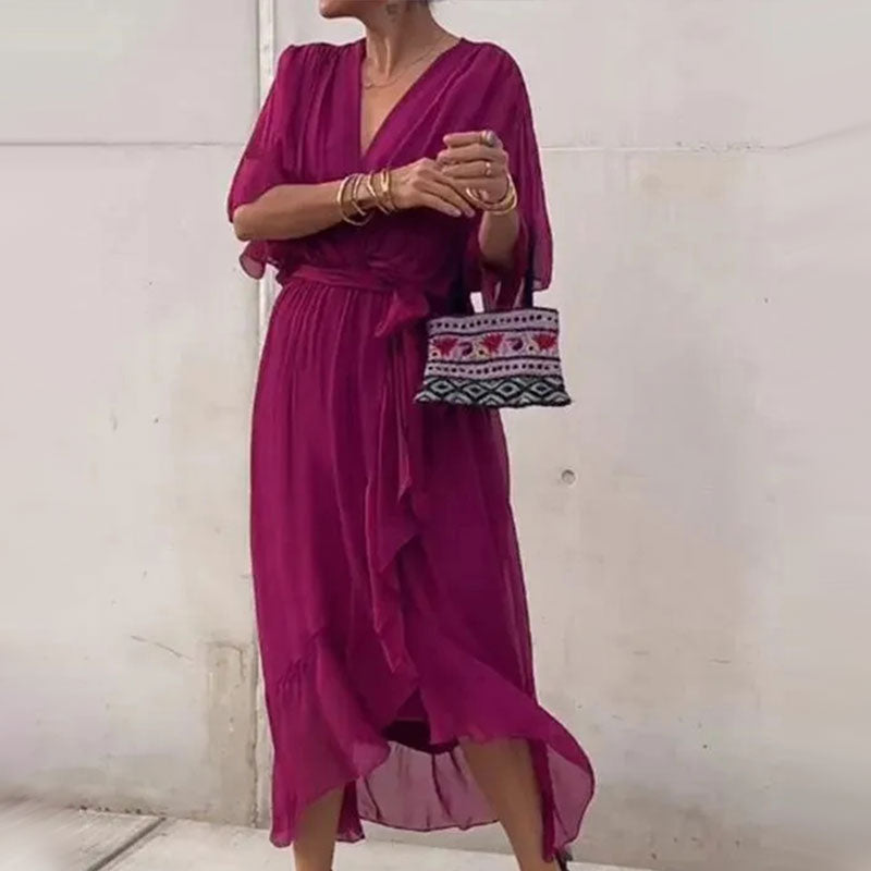 Women's plus size V-neck midi dress featuring a stylish waist belt, designed in lightweight polyester for an elegant formal look. 7