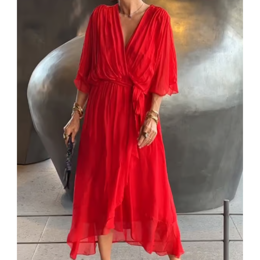 Women's plus size V-neck midi dress featuring a stylish waist belt, designed in lightweight polyester for an elegant formal look. 9