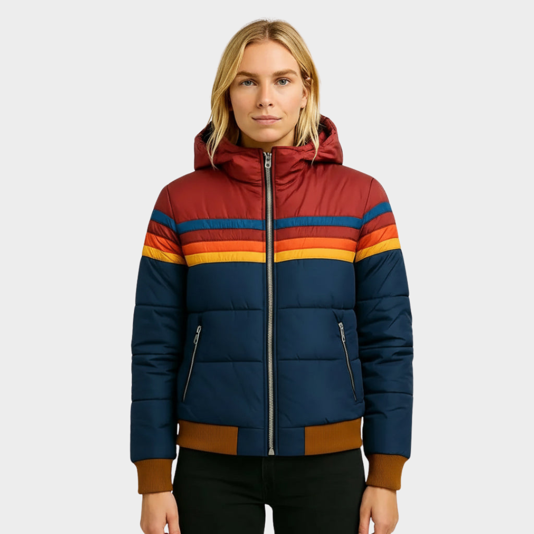 Women's Puffer Jacket with Insulated Warmth and Hood – Retro Stripe Design for Autumn and Winter 0