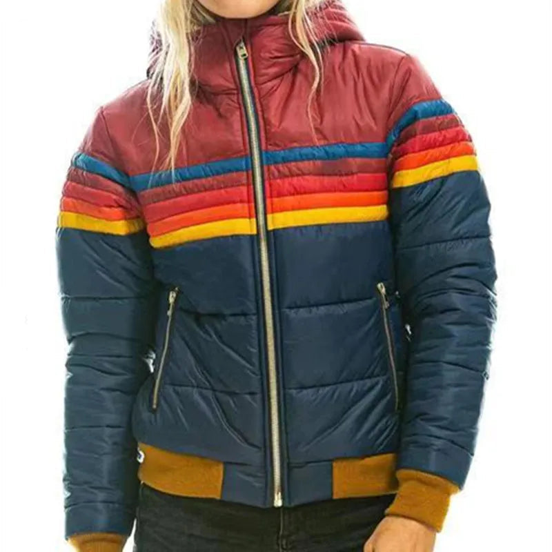 Women's Puffer Jacket with Insulated Warmth and Hood – Retro Stripe Design for Autumn and Winter 1