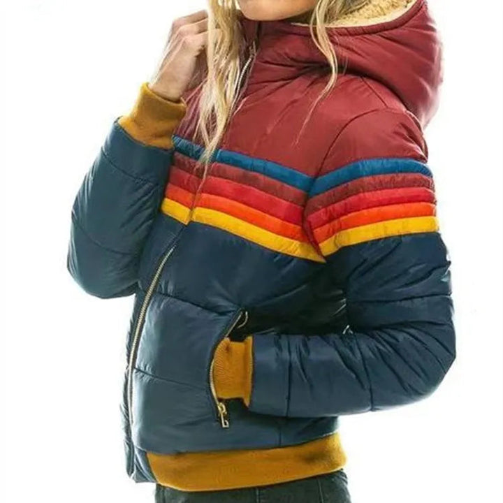 Women's Puffer Jacket with Insulated Warmth and Hood – Retro Stripe Design for Autumn and Winter 2
