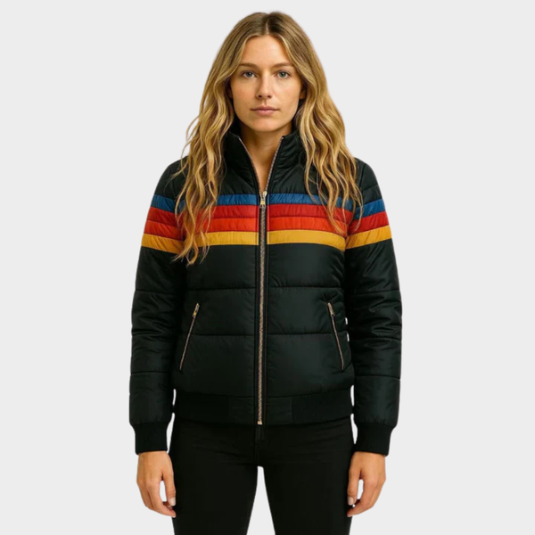 Women's Puffer Jacket with Insulated Warmth and Hood – Retro Stripe Design for Autumn and Winter 3