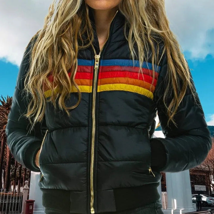 Women's Puffer Jacket with Insulated Warmth and Hood – Retro Stripe Design for Autumn and Winter 4