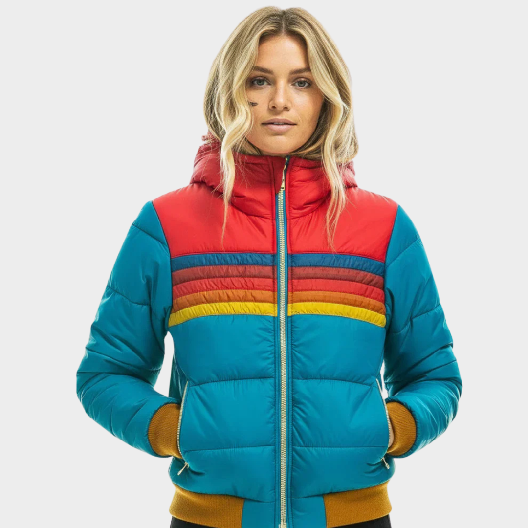 Women's Puffer Jacket with Insulated Warmth and Hood – Retro Stripe Design for Autumn and Winter 5