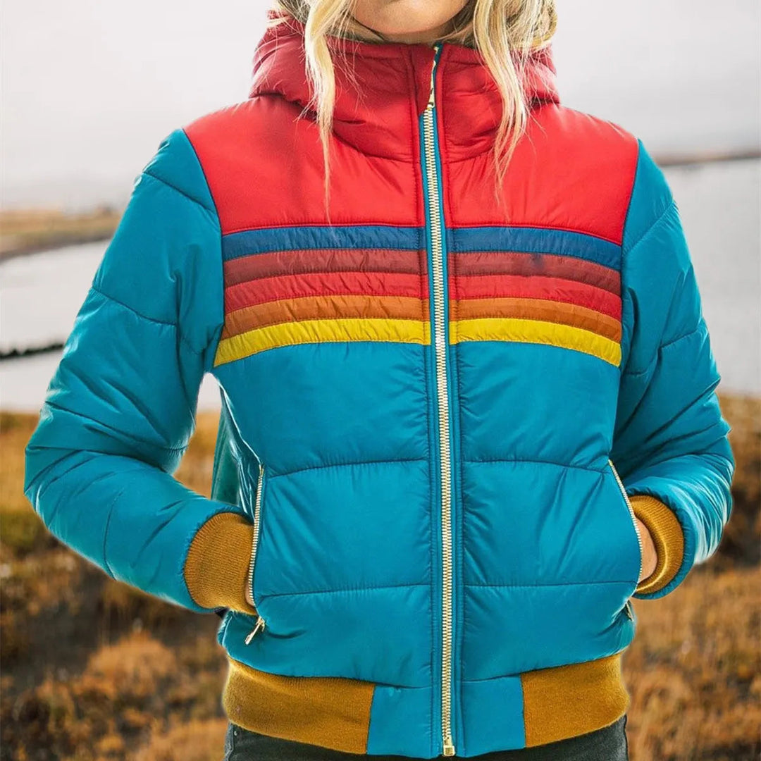 Women's Puffer Jacket with Insulated Warmth and Hood – Retro Stripe Design for Autumn and Winter 6