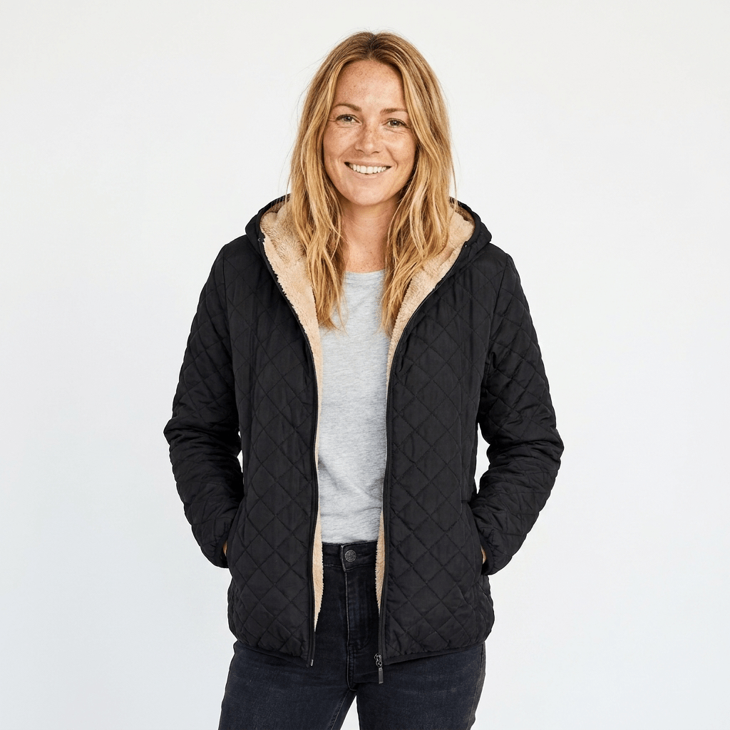 Women's Quilted Jacket with Fleece-Lined Hood and Zip-Up Closure - Lightweight Hip-Length Winter Coat 0